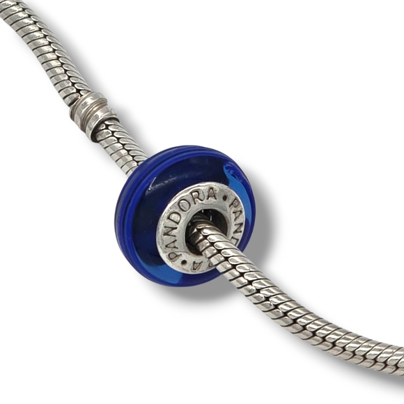 PANDORA Cobalt Blue Ribbon Swirl Murano Glass Bead Charm S925 Retired - Picture 11 of 16